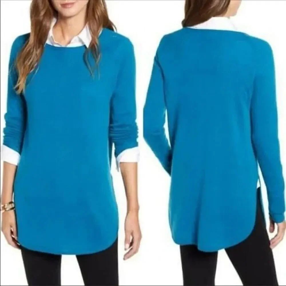 New Halogen Wool and Cashmere Boatneck Sweater Tunic in Teal Size XL